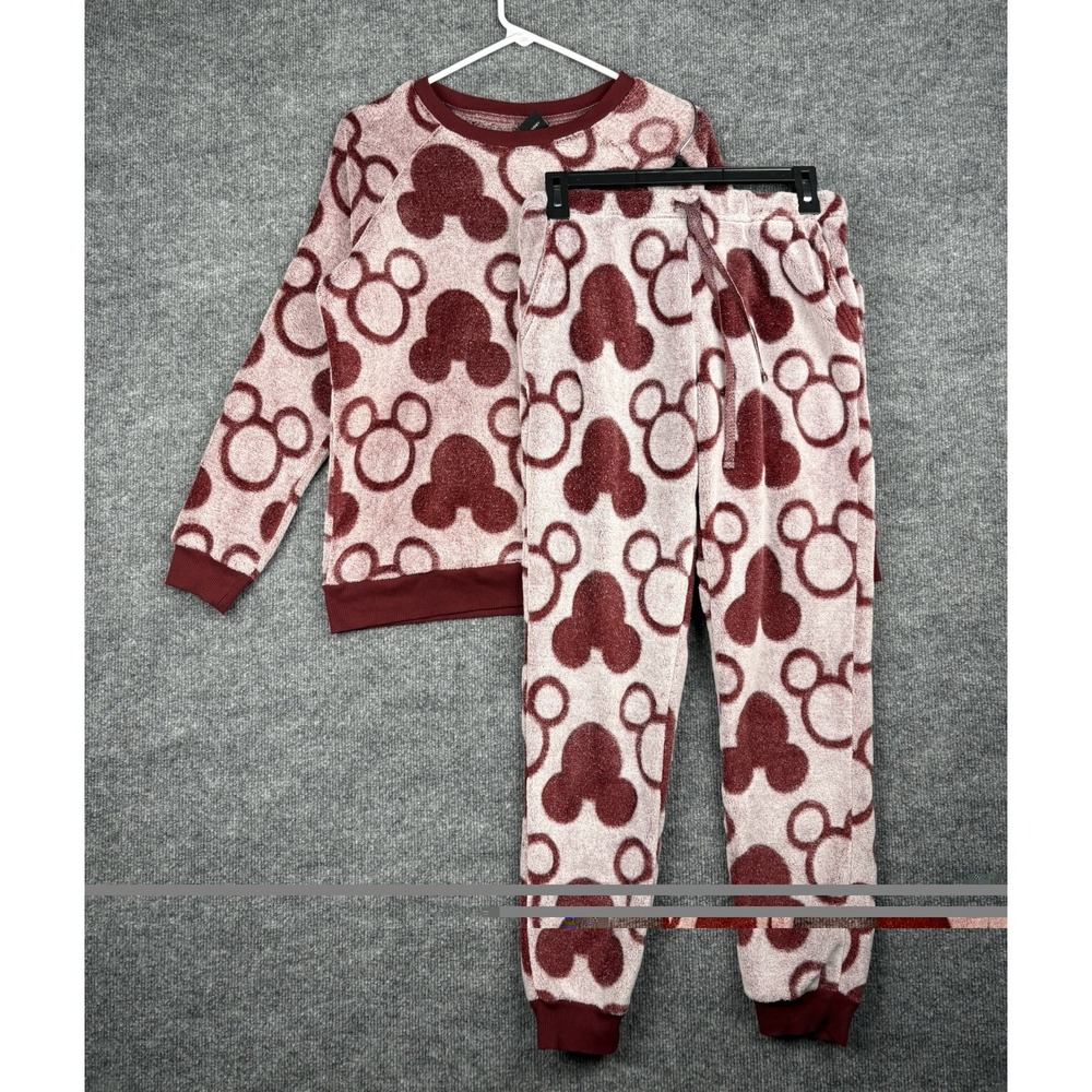 Disney Mickey Mouse Womens Small 2 Piece Fleece Pajama Lounge Set Burgundy - Picture 1 of 11